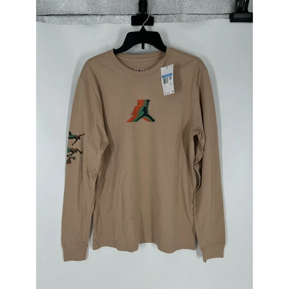 Air Jordan T Shirt Men Medium Khaki Long Sleeve Jumpman Graphic Cotton Crew Neck